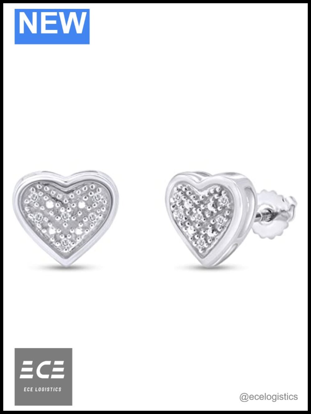 Heart Stud Earrings 1/20ctw Round Cut White Natural Diamond 14k White Gold Over